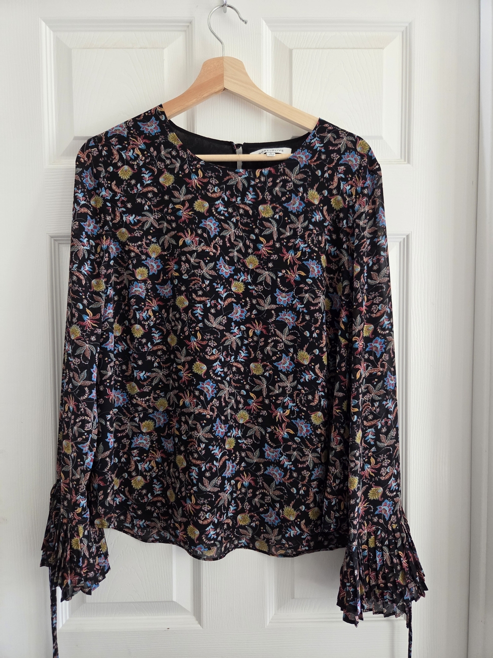 Rose & Olive Black Floral Long-Sleeve Blouse with Pleated Tie Cuffs